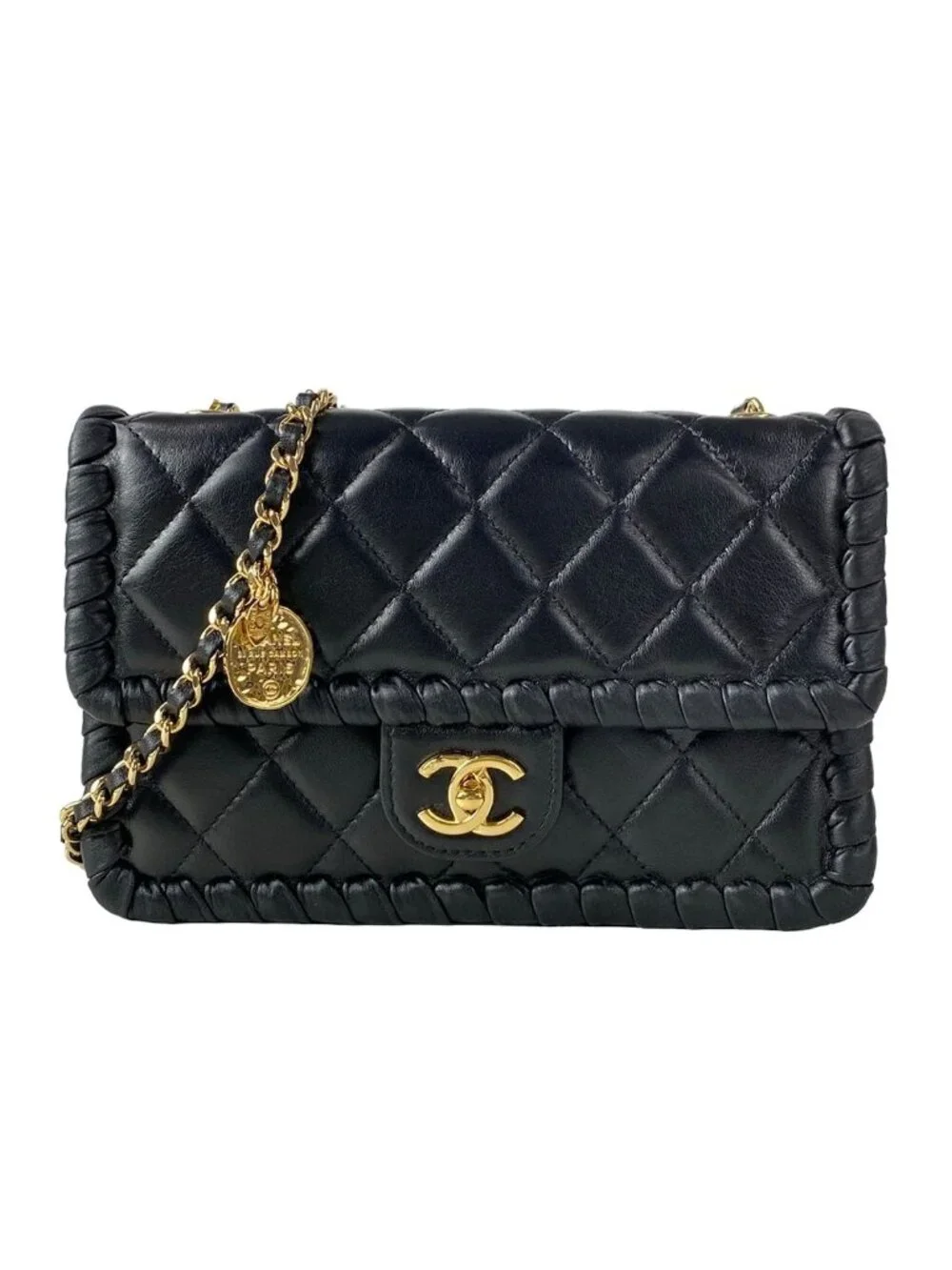 Chanel Wallet Quilted Black Chain Gold Coin Charm Braided Metal Lambskin